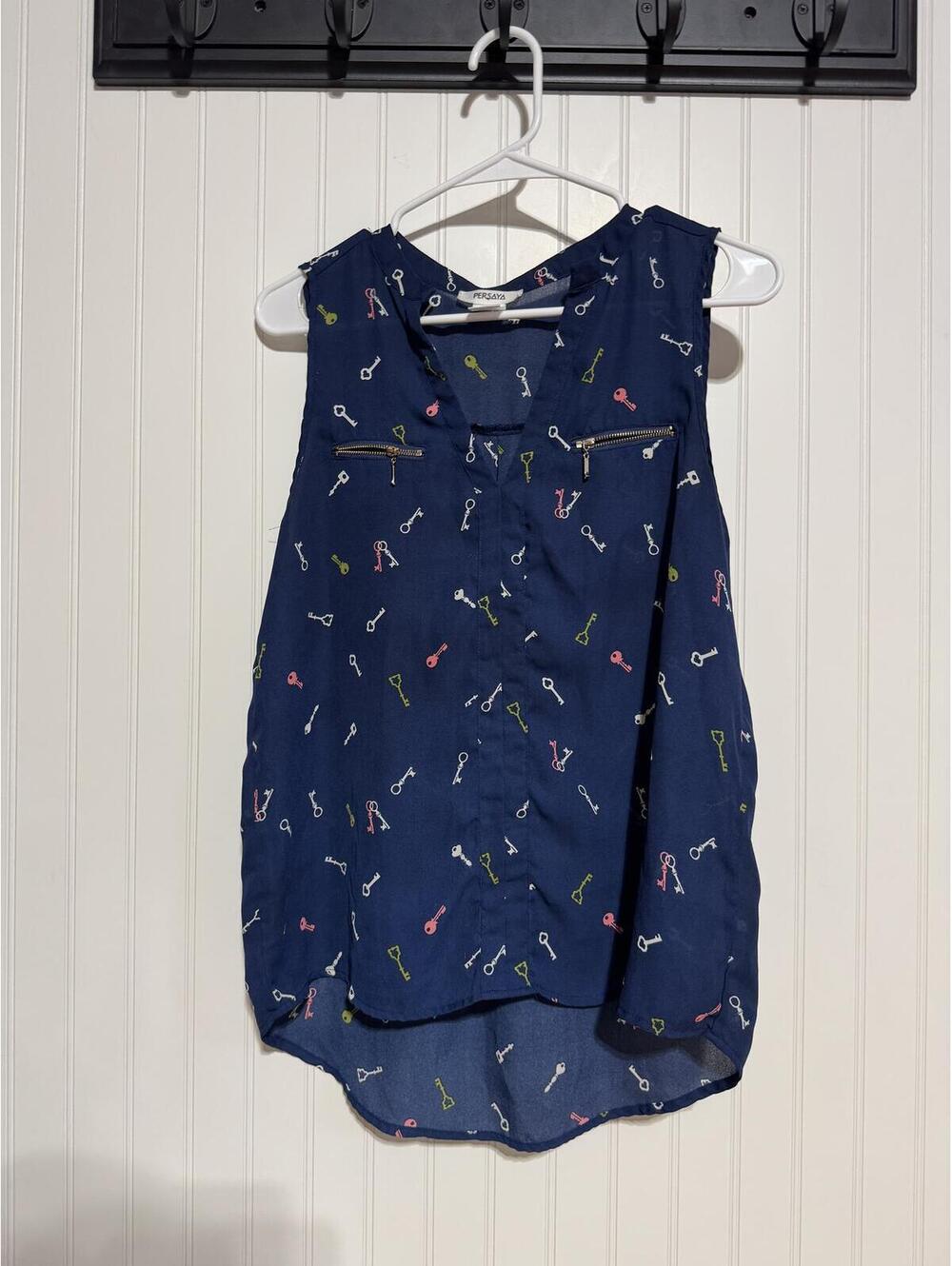Persaya Navy Blue Skeleton Key Blouse Zip Pockets Medium